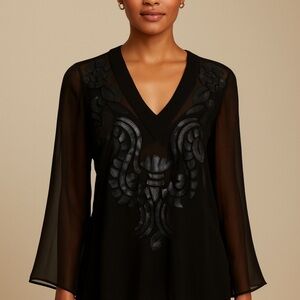 Vintage 90s Y2K Cache Blouse Women’s XS Black Sheer Faux Leather Dark Feminine